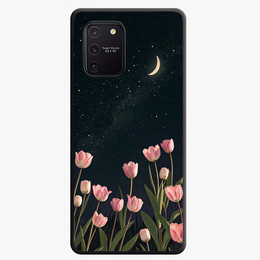 Midnight Tulip Whispers Vibe Glass Case showing flat back view with elegant tulip flower artwork and glossy glass finish.