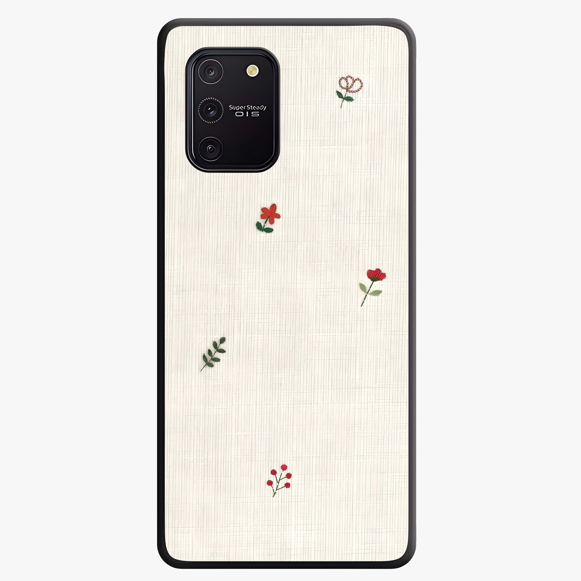 Minimal Petal Whispers Glass Case showing flat back view with soft minimal floral artwork and glossy glass finish.