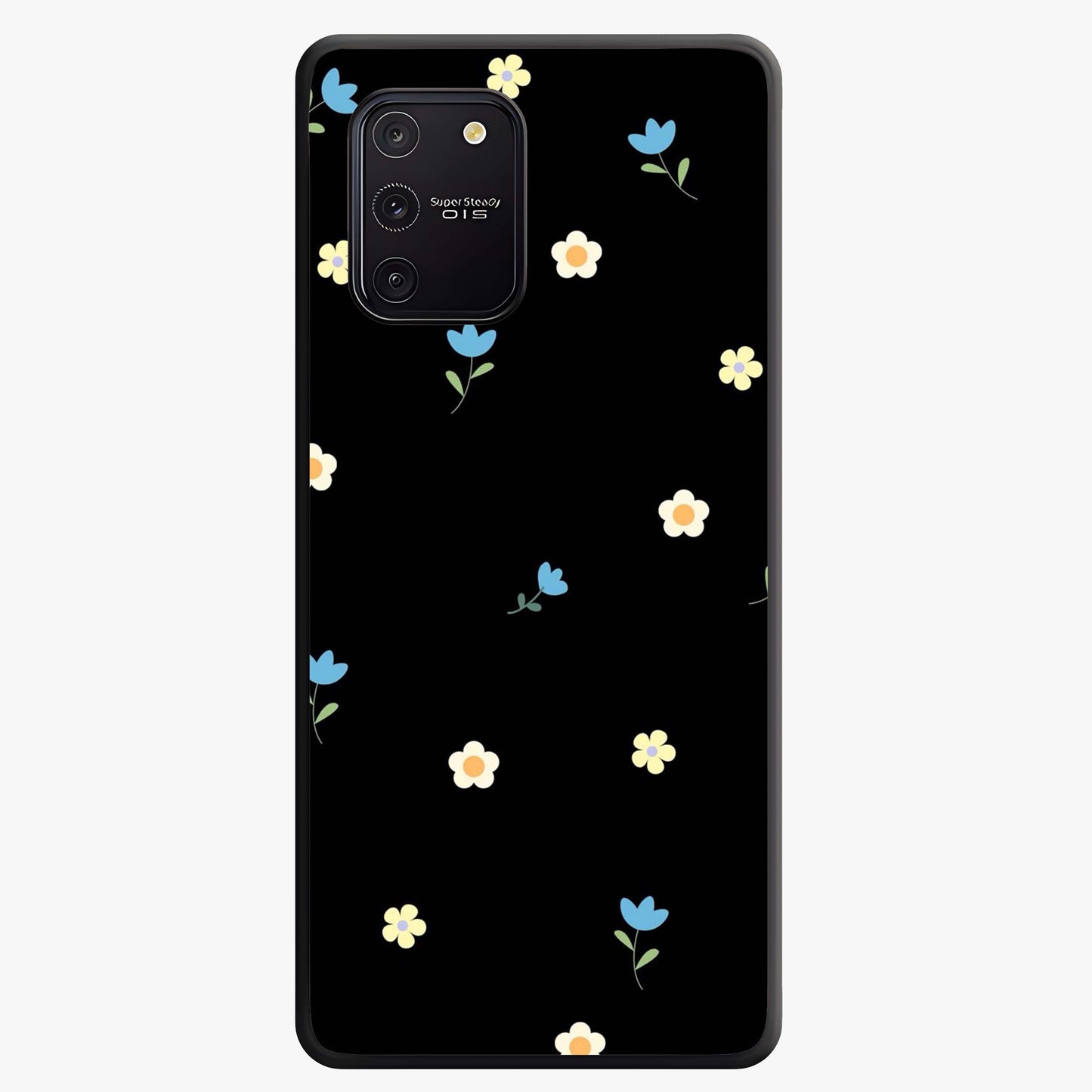 Minimalistic Blue With White Flower Pattern Glass Case showing flat back view with blue background and white flower pattern and glossy glass finish.