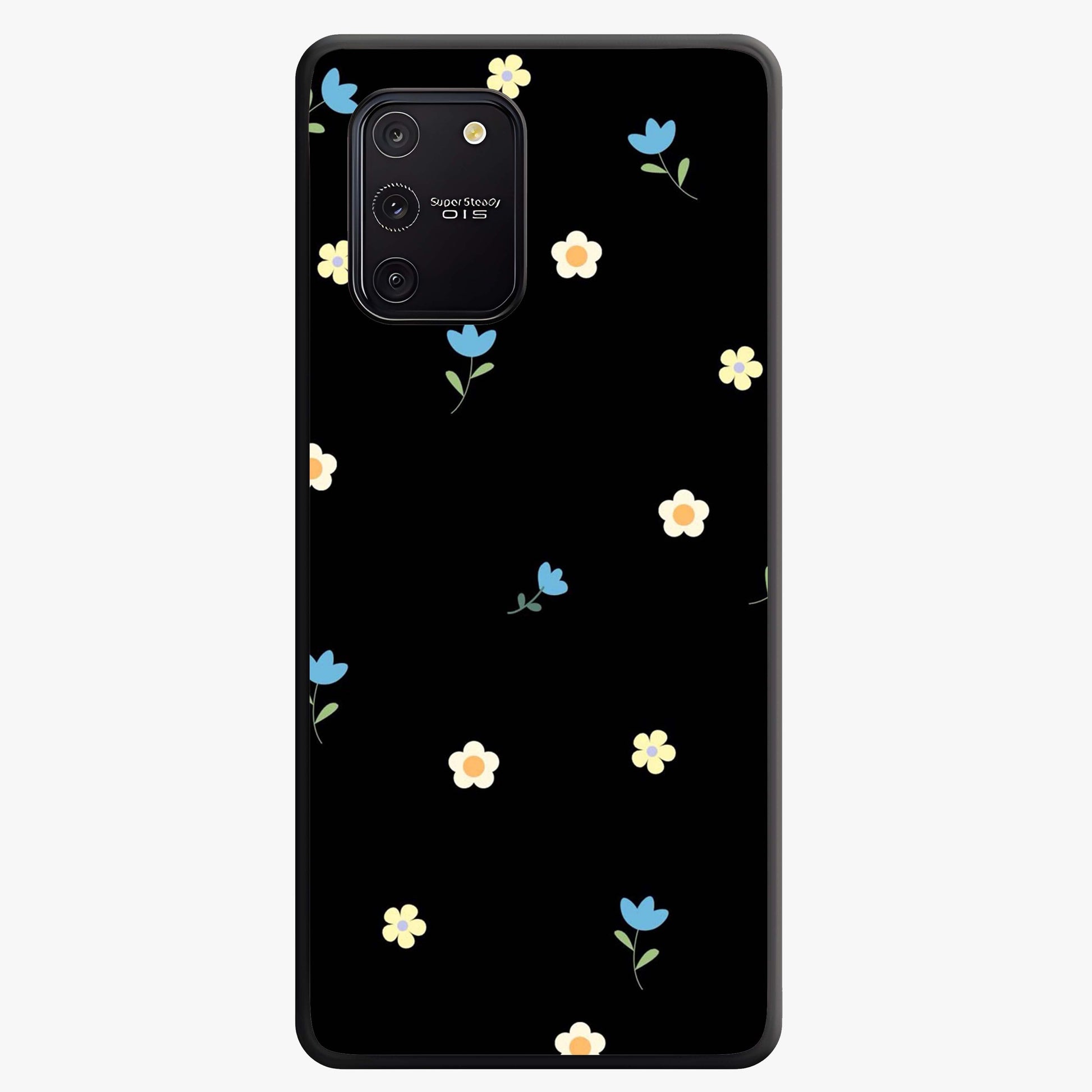 Minimalistic Blue With White Flower Pattern Glass Case showing flat back view with blue background and white flower pattern and glossy glass finish.