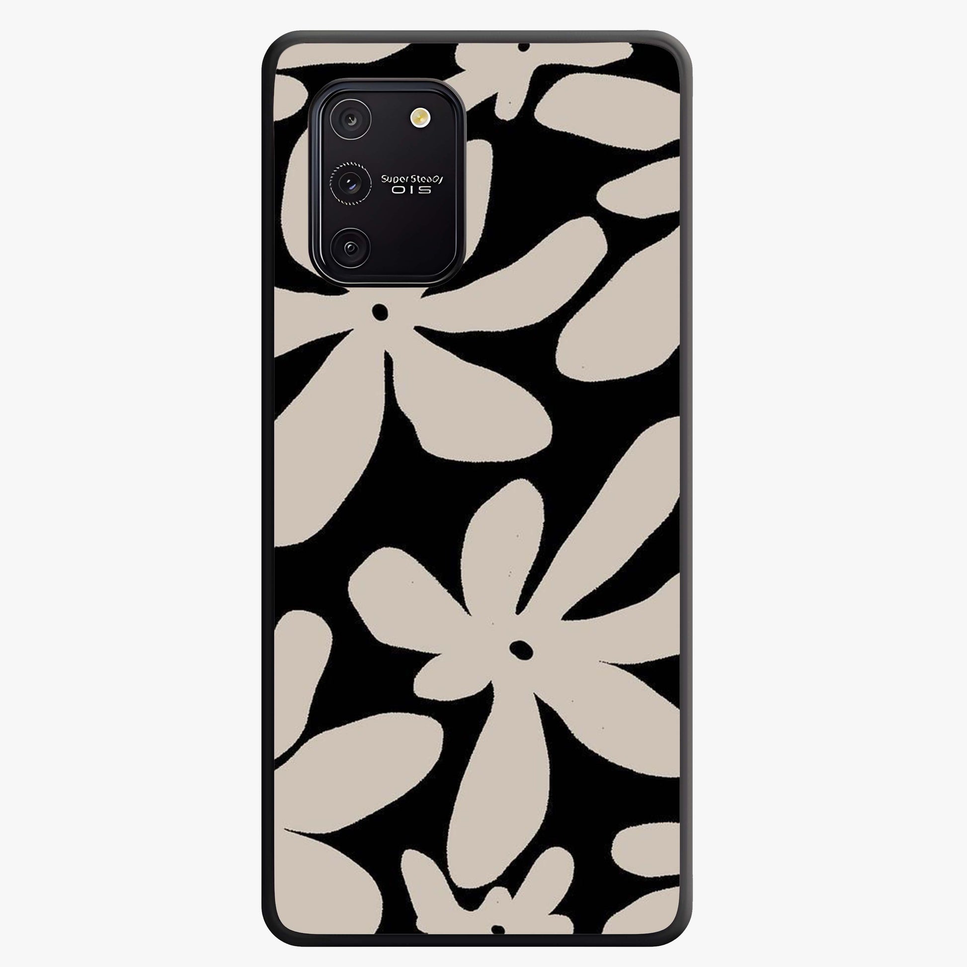 Monochrome Petal Dance Glass Case showing flat back view with monochrome floral artwork and glossy glass finish.