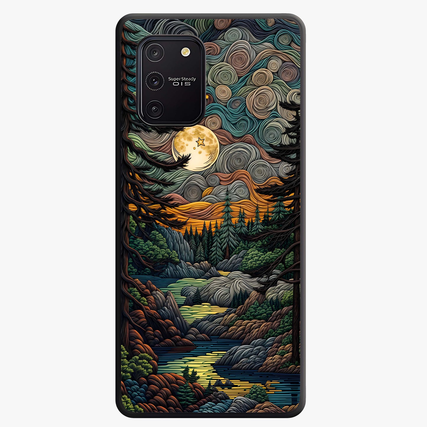 Moonlight Forest Dream Glass Case showing flat back view with mystical forest moonlight artwork and glossy glass finish.