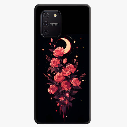 Moonlit Floral Elegance Glass Case showing flat back view with elegant floral artwork under moonlit tones and glossy glass finish.