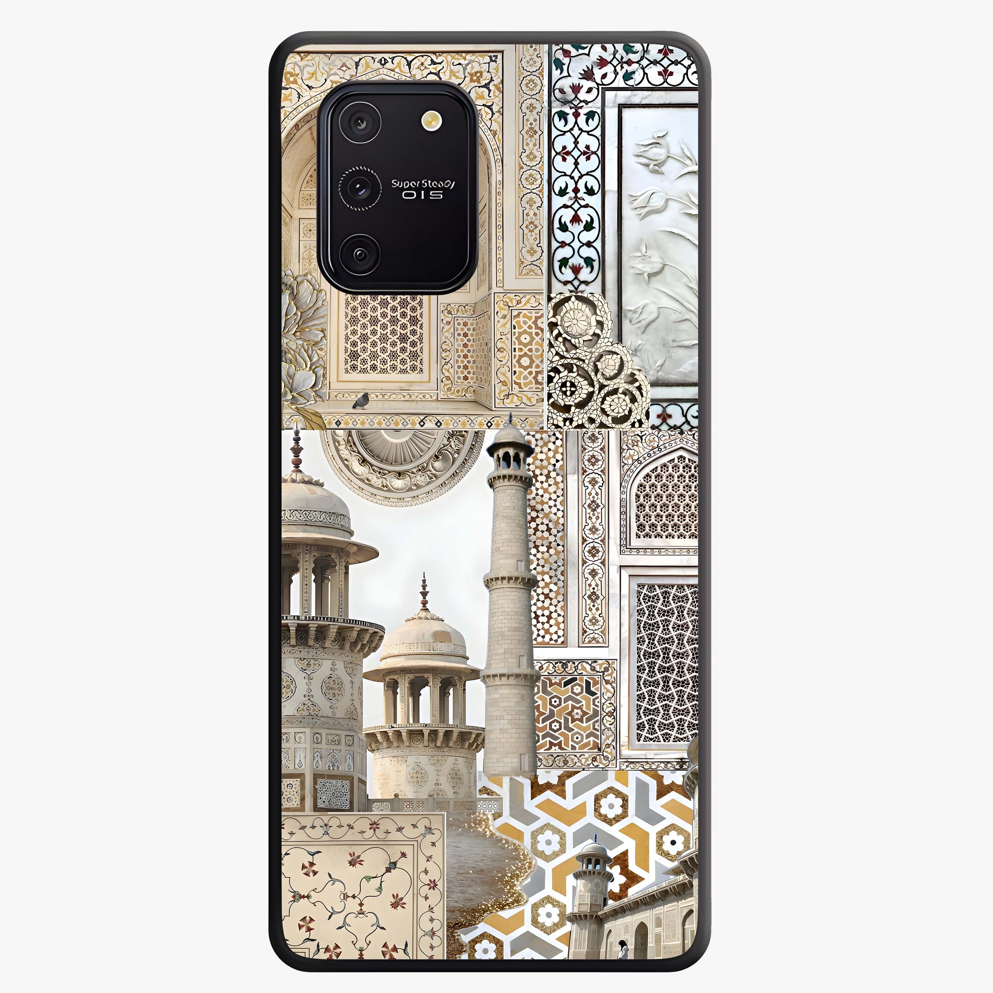 Mughal Marble Legacy Glass Case showing flat back view with intricate Mughal inspired marble pattern and glossy glass finish.