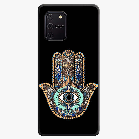 Mystic Hamsa Eye Glass Case showing flat back view with protective hamsa hand and evil eye artwork and glossy glass finish.