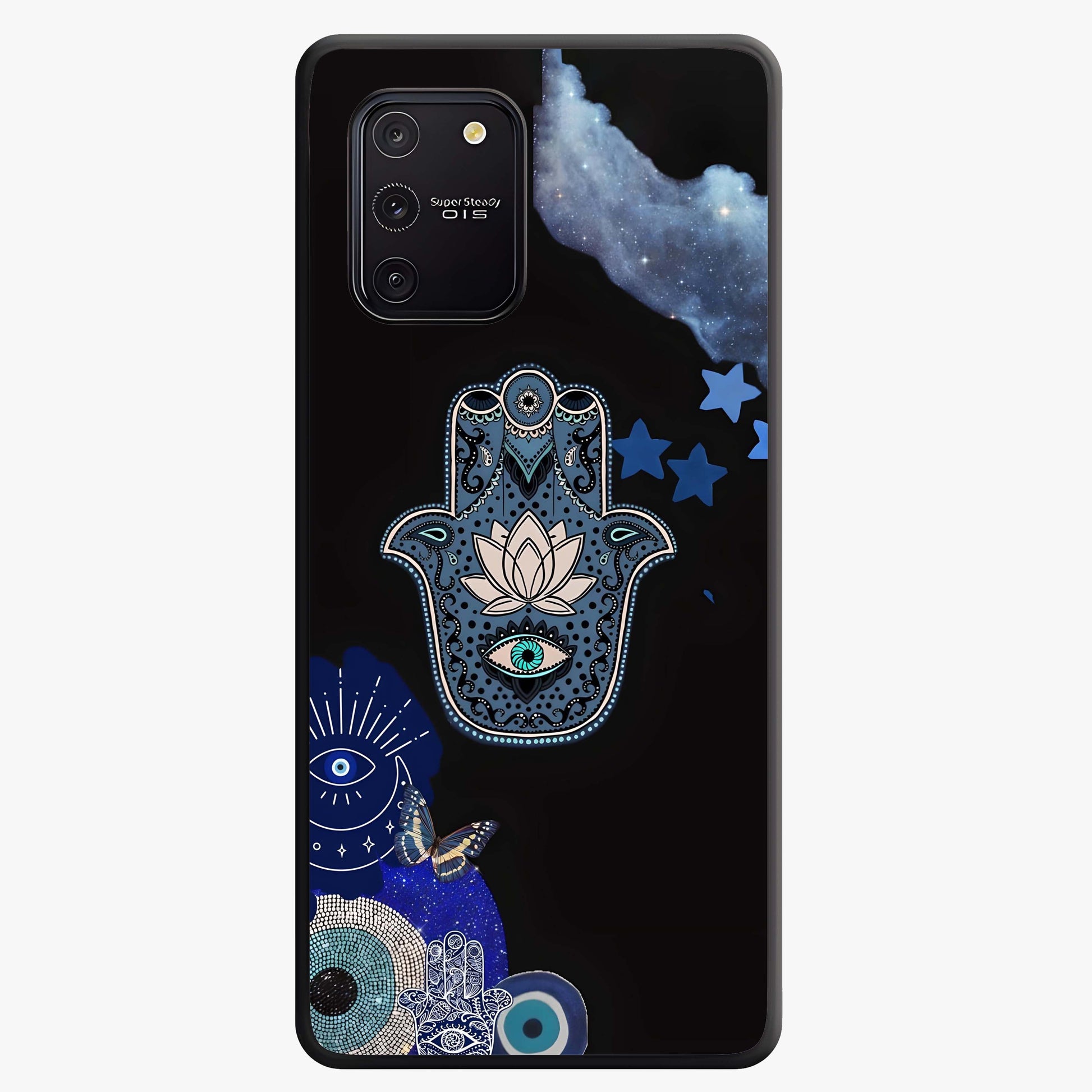 Mystic Hand Aura Glass Case showing flat back view with mystical hand symbol artwork and glossy glass finish.