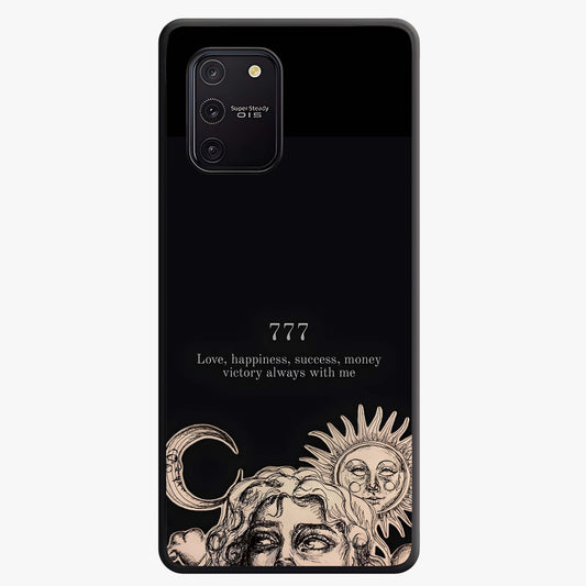 Mystic Victory Aura Glass Case showing flat back view with victory symbol artwork and glossy glass finish.