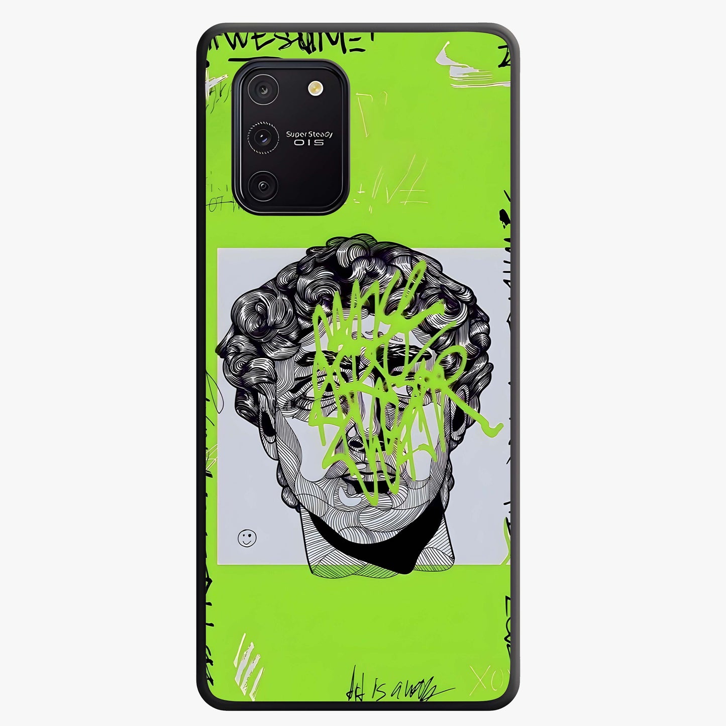Neo Graffiti Rebellion Glass Case showing flat back view with vibrant graffiti artwork and glossy glass finish.