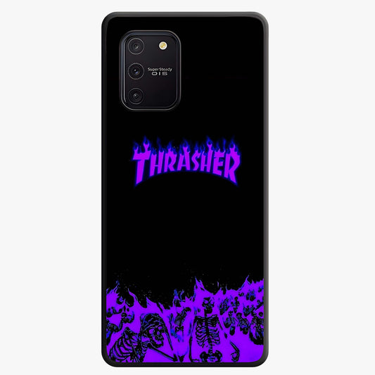 Neon Flame Riot Glass Case showing flat back view with neon flame artwork and glossy glass finish.