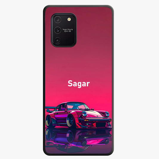 Neon Pink Porsche Glass Case showing flat back view with stylish sports car artwork and glossy glass finish.