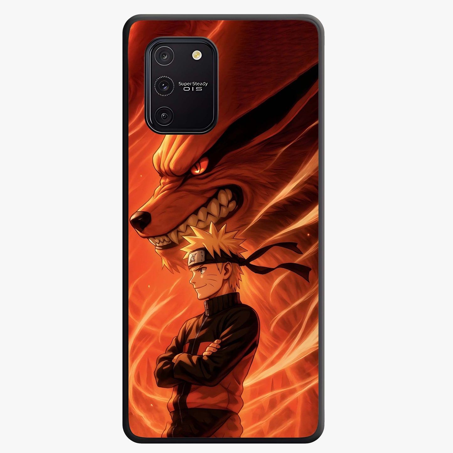 Nine Tails Legacy Glass Case showing flat back view with powerful nine-tailed fox inspired artwork and glossy glass finish.
