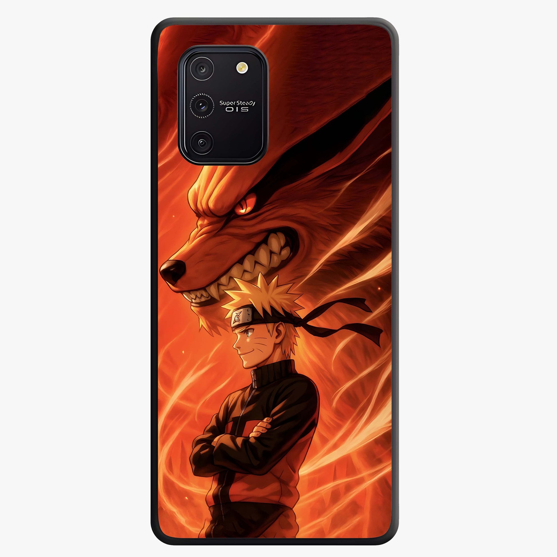 Nine Tails Legacy Glass Case showing flat back view with powerful nine-tailed fox inspired artwork and glossy glass finish.