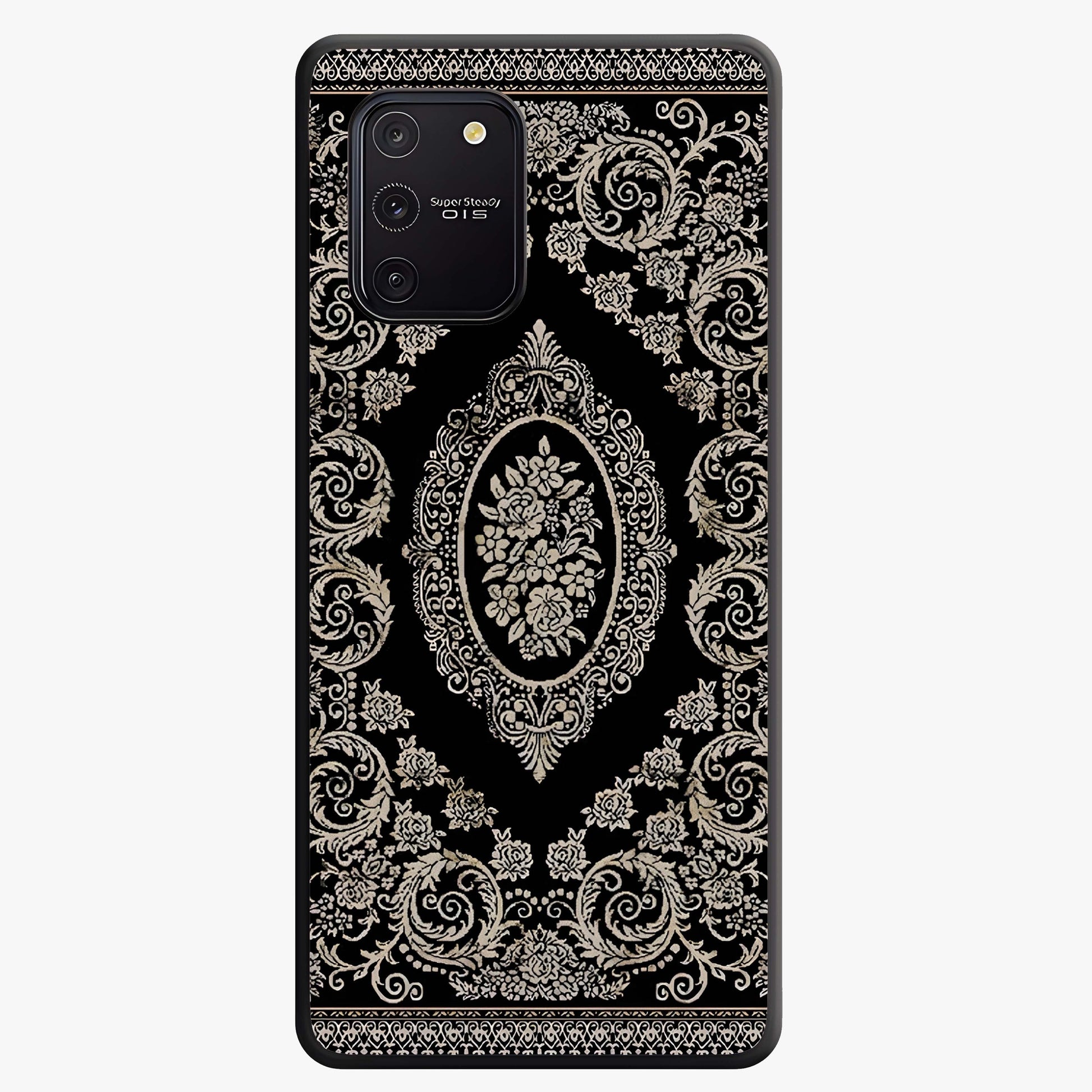 Noir Bloom Elegance Glass Case showing flat back view with elegant dark floral artwork and glossy glass finish.