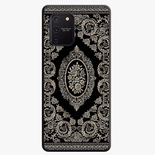 Noir Bloom Elegance Glass Case showing flat back view with elegant dark floral artwork and glossy glass finish.