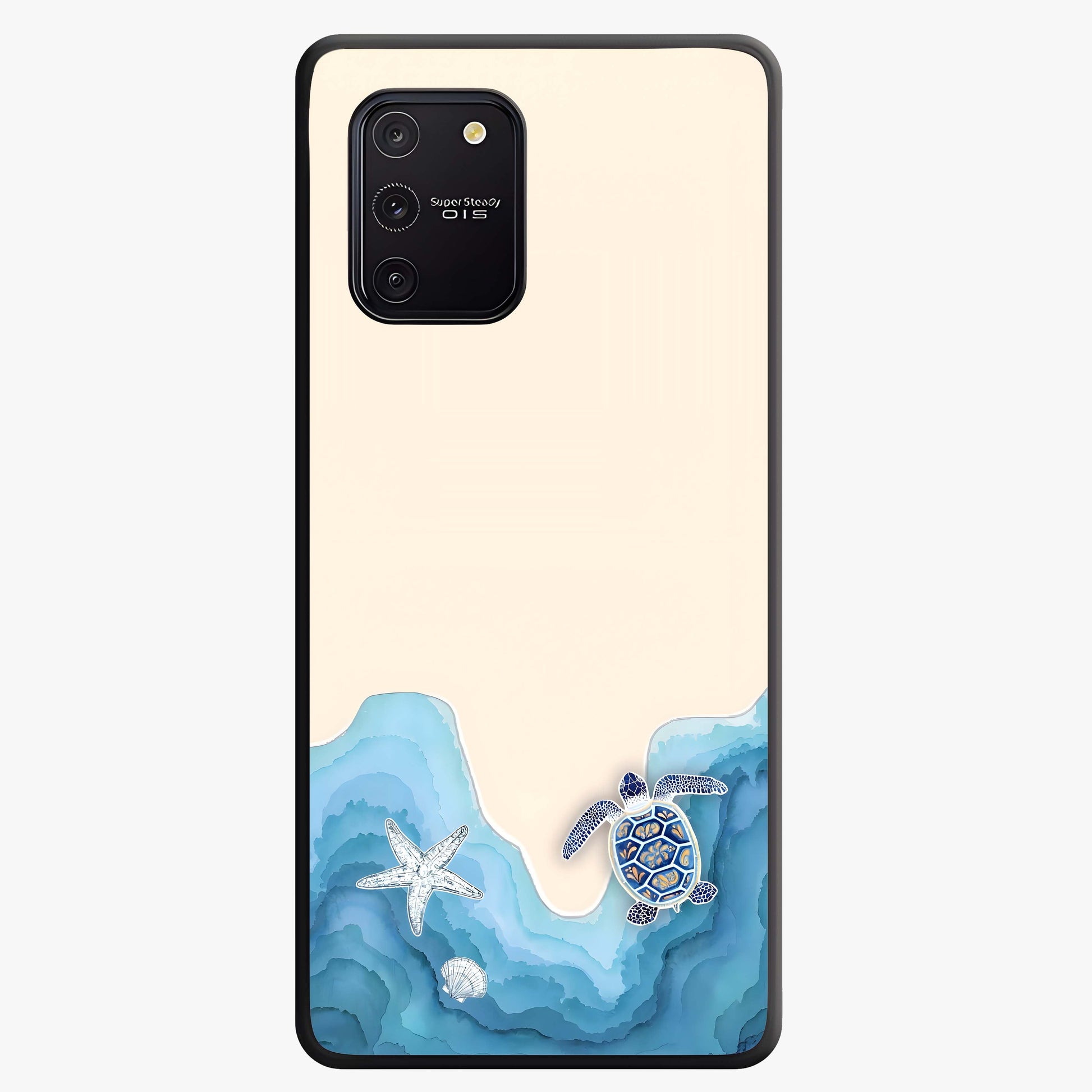 Ocean Drift Turtle Glass Case showing flat back view with sea turtle artwork and glossy glass finish.
