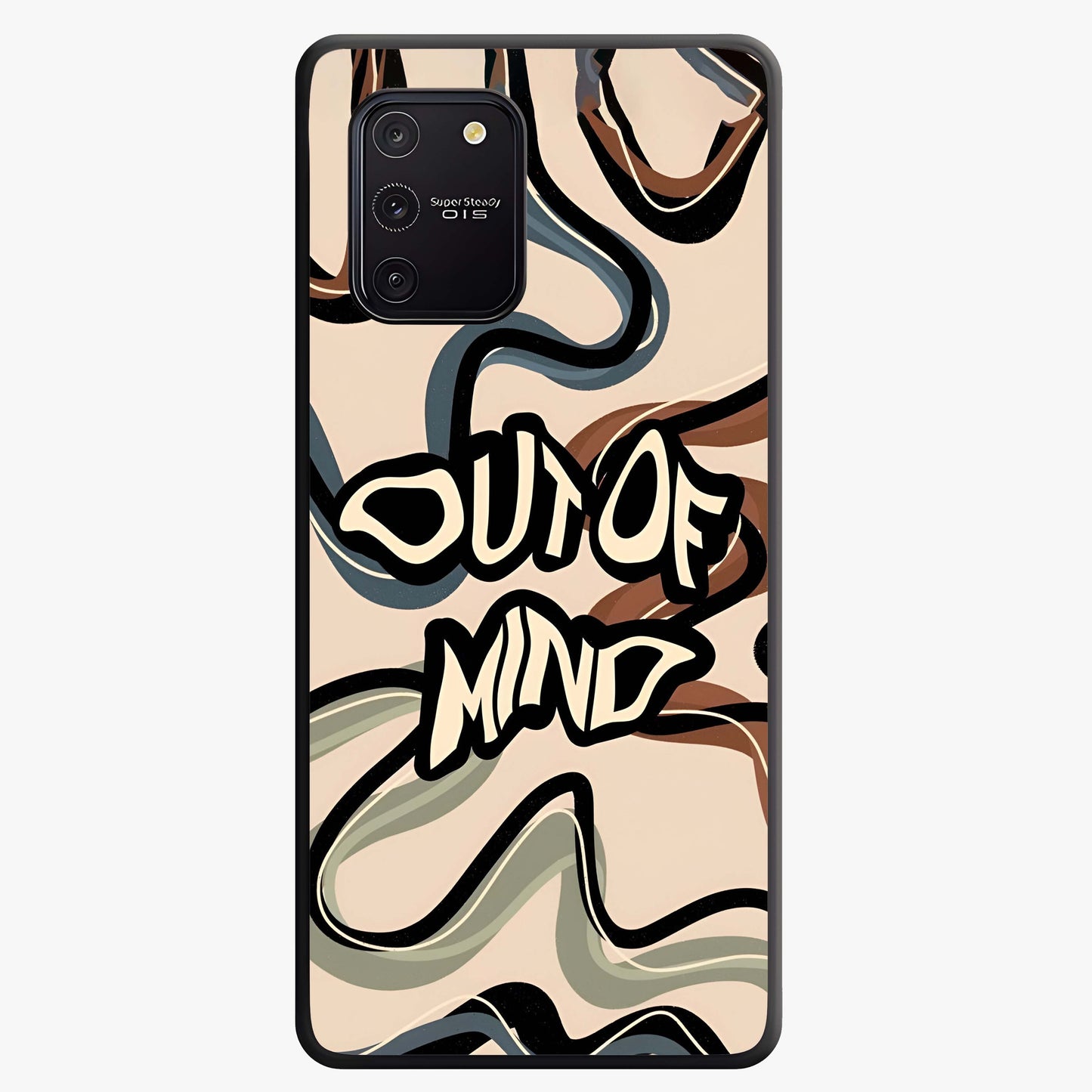 Out Of Mind Glass Case showing flat back view with expressive typography artwork and glossy glass finish.
