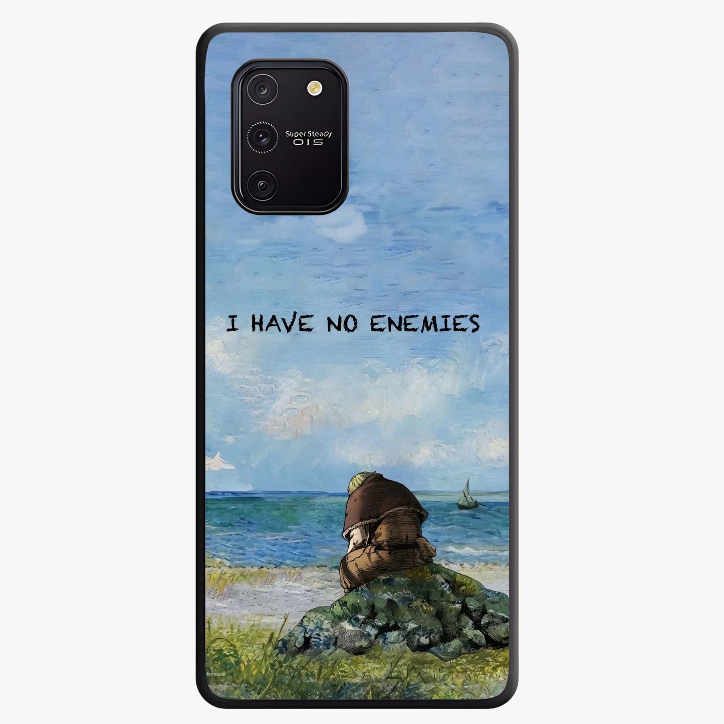 Peace Beyond War Glass Case showing flat back view with symbolic peace themed artwork and glossy glass finish.
