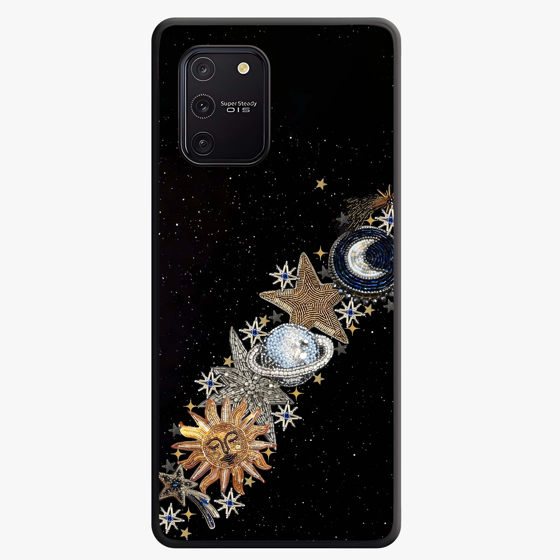 Pearls Universe Object Glass Case showing flat back view with pearl inspired cosmic artwork and glossy glass finish.