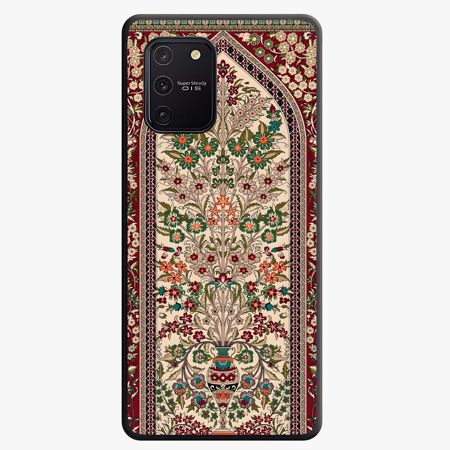 Persian Inspired Glass Case showing flat back view with ornate Persian style pattern artwork and glossy glass finish.