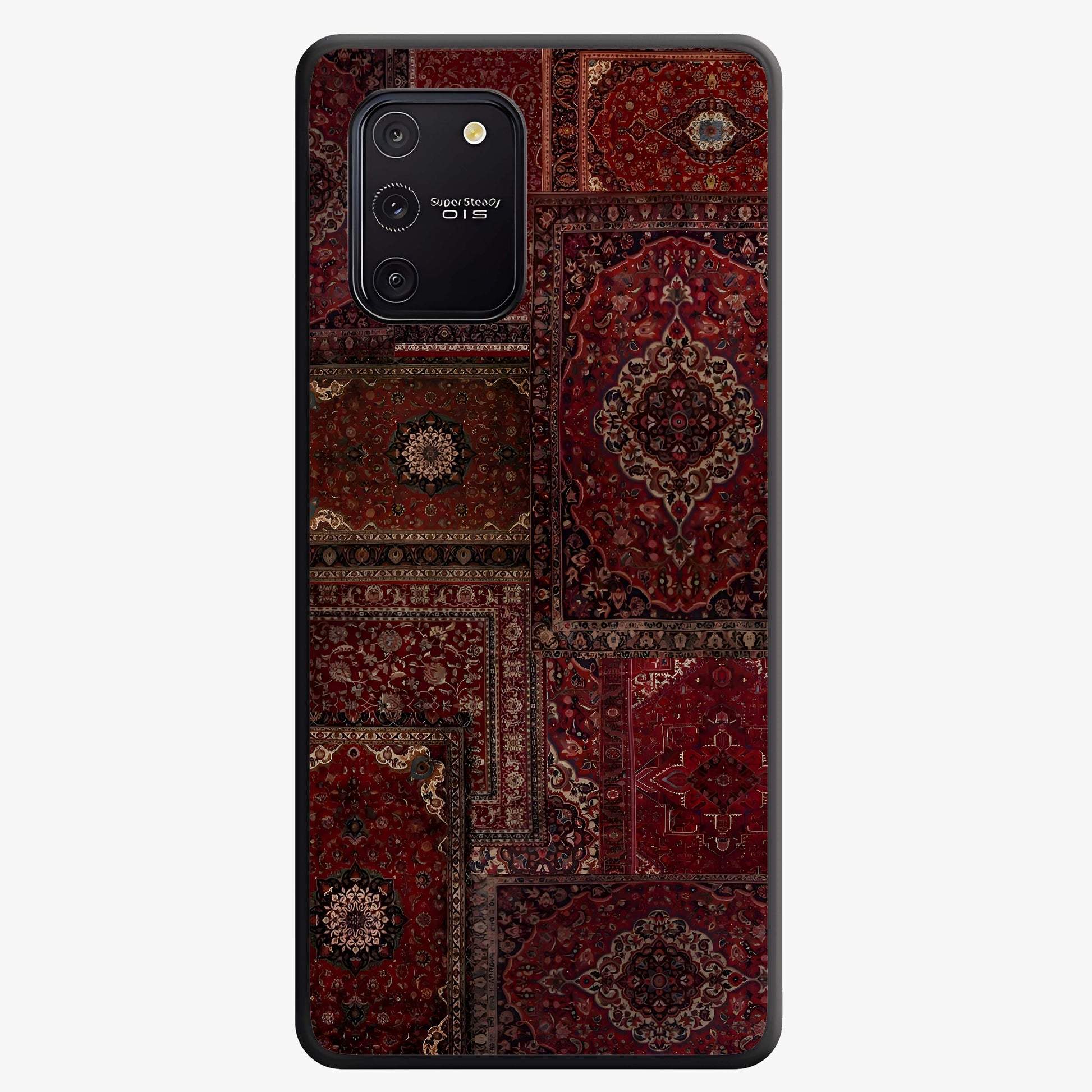 Persian Velvet Tale Glass Case showing flat back view with luxurious Persian velvet pattern artwork and glossy glass finish.