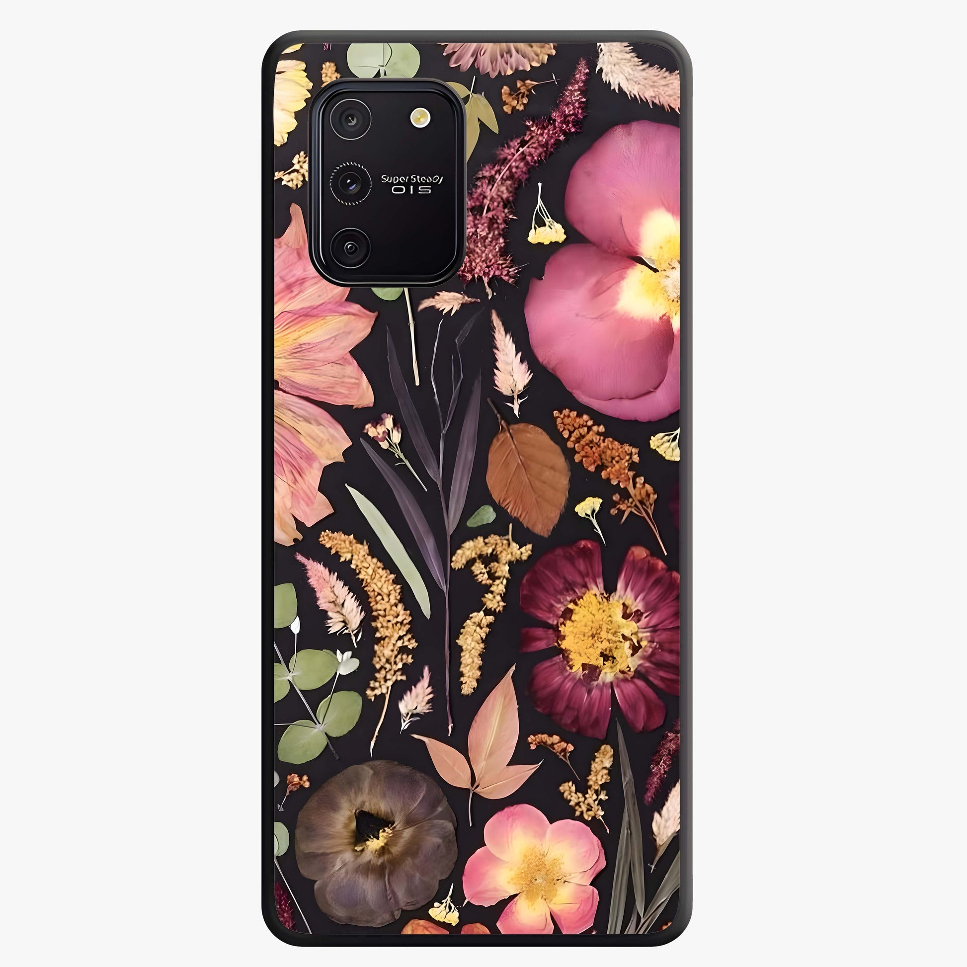 Petal Dream Tapestry Glass Case showing flat back view with intricate floral tapestry artwork and glossy glass finish.