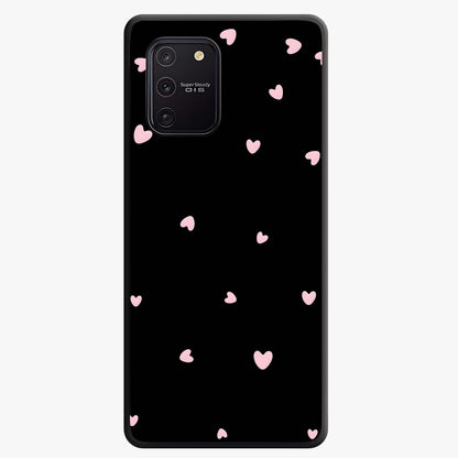Pink Love Drops Glass Case showing flat back view with playful pink heart drops artwork and glossy glass finish.