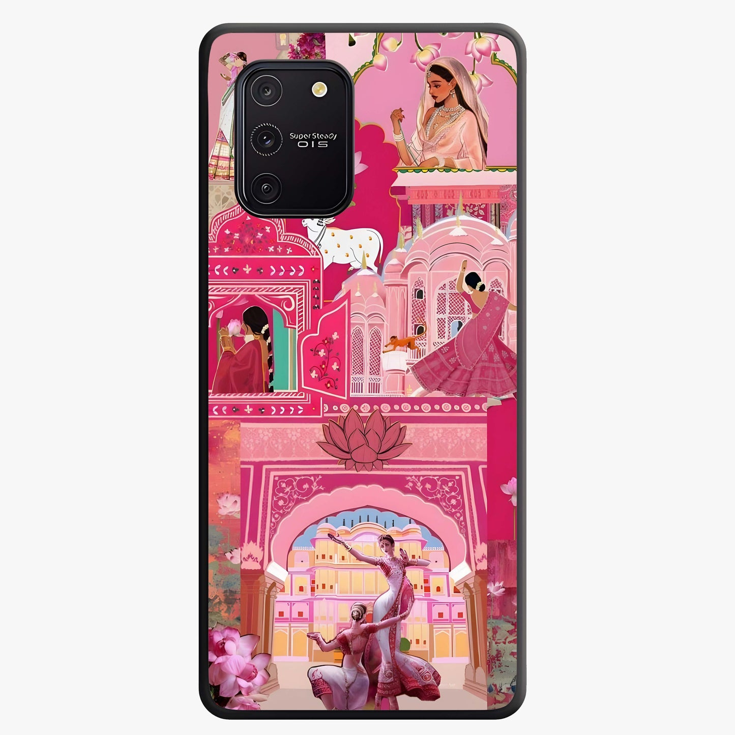 Pink Palace Muse Glass Case showing flat back view with elegant palace inspired artwork and glossy glass finish.