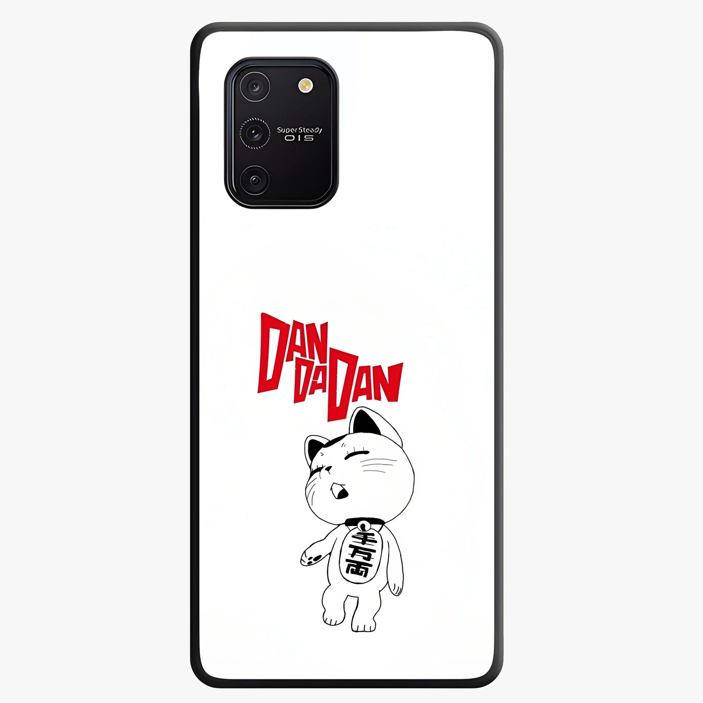 Playful Spirit Charm Glass Case showing flat back view with cheerful charm themed artwork and glossy glass finish.