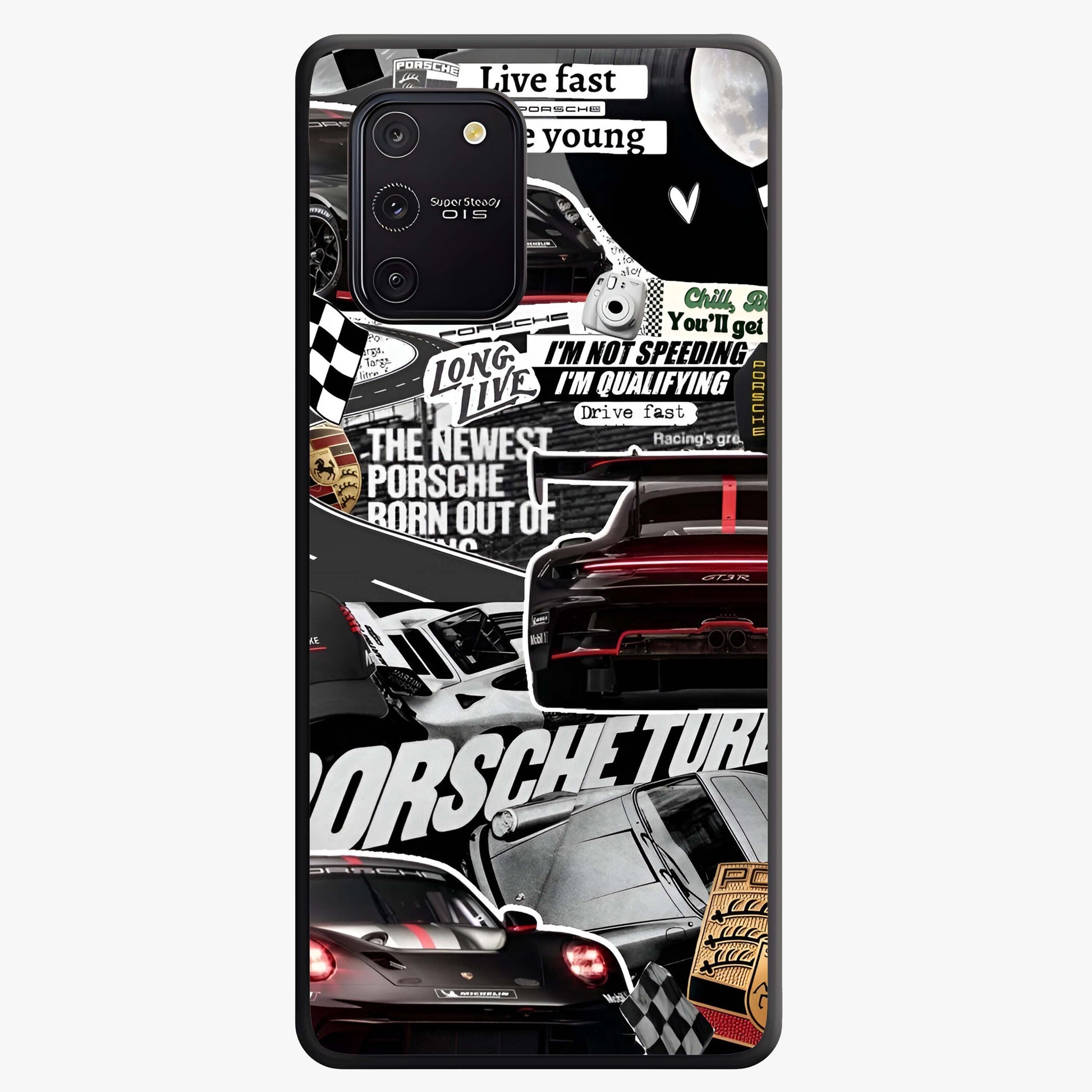 Porsche Racing Collage Glass Case showing flat back view with sports car racing collage artwork and glossy glass finish.
