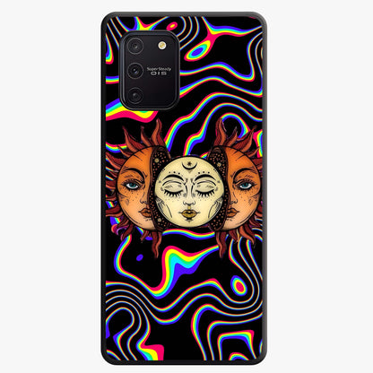 Psychedelic Sun Glass Case showing flat back view with colorful psychedelic sun artwork and glossy glass finish.