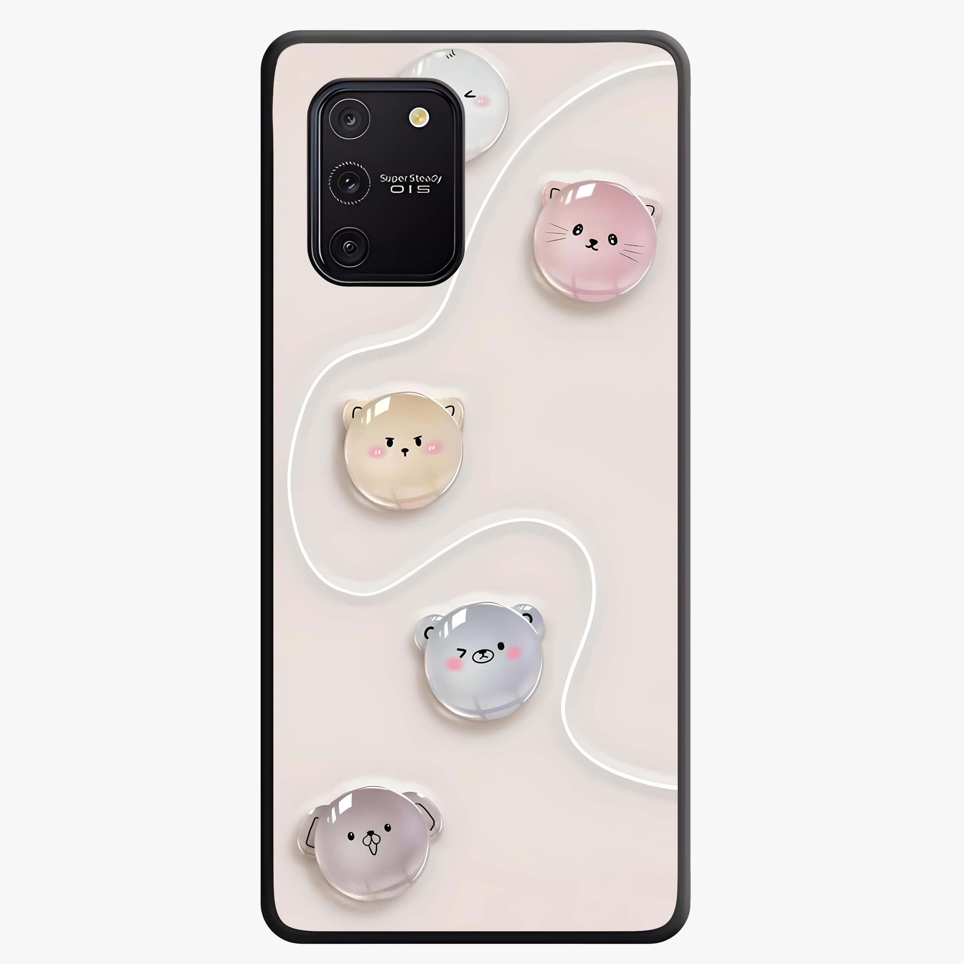 Puffy Face Parade Glass Case showing flat back view with cute puffy character faces artwork and glossy glass finish.
