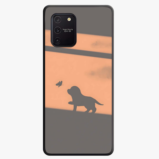 Puppy Shadow Art Glass Case showing flat back view with cute puppy shadow style artwork and glossy glass finish.