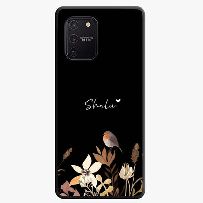 Quiet Garden Tune Custom Name Glass Case showing flat back view with peaceful garden artwork and personalized name design.