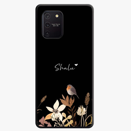 Quiet Garden Tune Custom Name Glass Case showing flat back view with peaceful garden artwork and personalized name design.