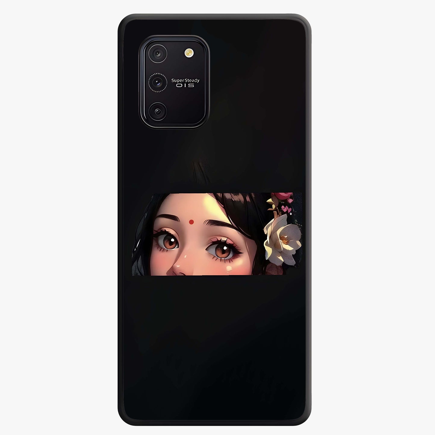 Radha Divine Embrace Glass Case showing flat back view with devotional Radha artwork and glossy glass finish.