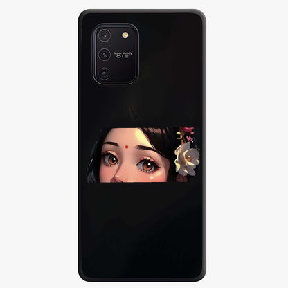 Radha Divine Embrace Glass Case showing flat back view with devotional Radha artwork and glossy glass finish.
