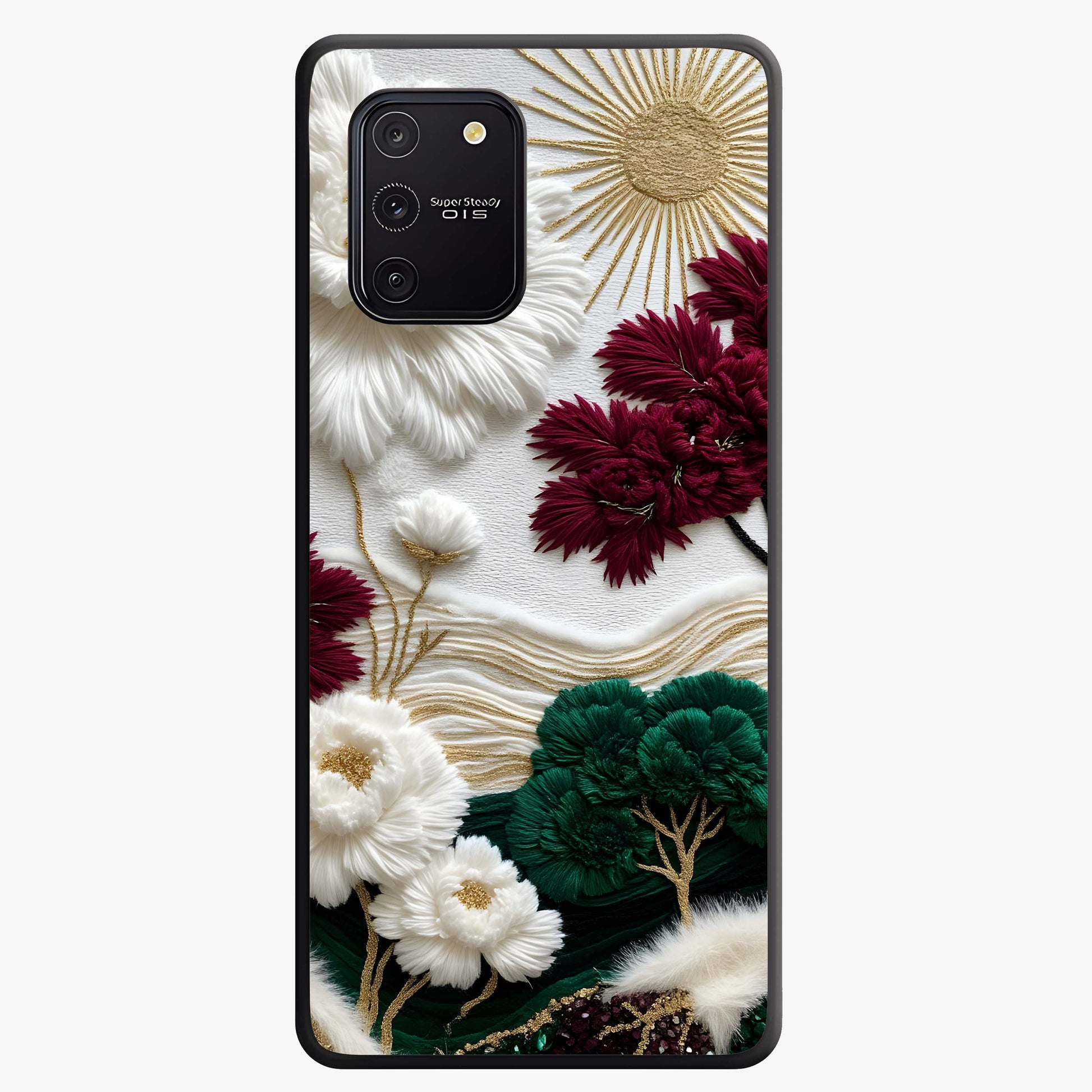 Radiant Bloom Elegance Glass Case showing flat back view with elegant blooming flower artwork and glossy glass finish.