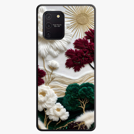 Radiant Bloom Elegance Glass Case showing flat back view with elegant blooming flower artwork and glossy glass finish.
