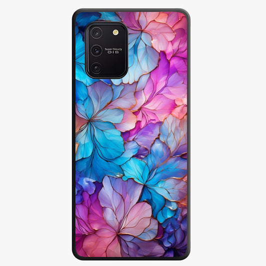 Radiant Floral Whirl Glass Case showing flat back view with swirling floral artwork and glossy glass finish.