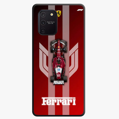 Red Ferrari F1 Vertical Glass Case showing flat back view with sleek Formula racing car artwork and glossy glass finish.
