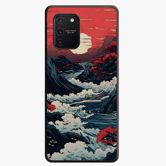 Red Sunset Scenery Glass Case showing flat back view with vibrant sunset landscape artwork and glossy glass finish.