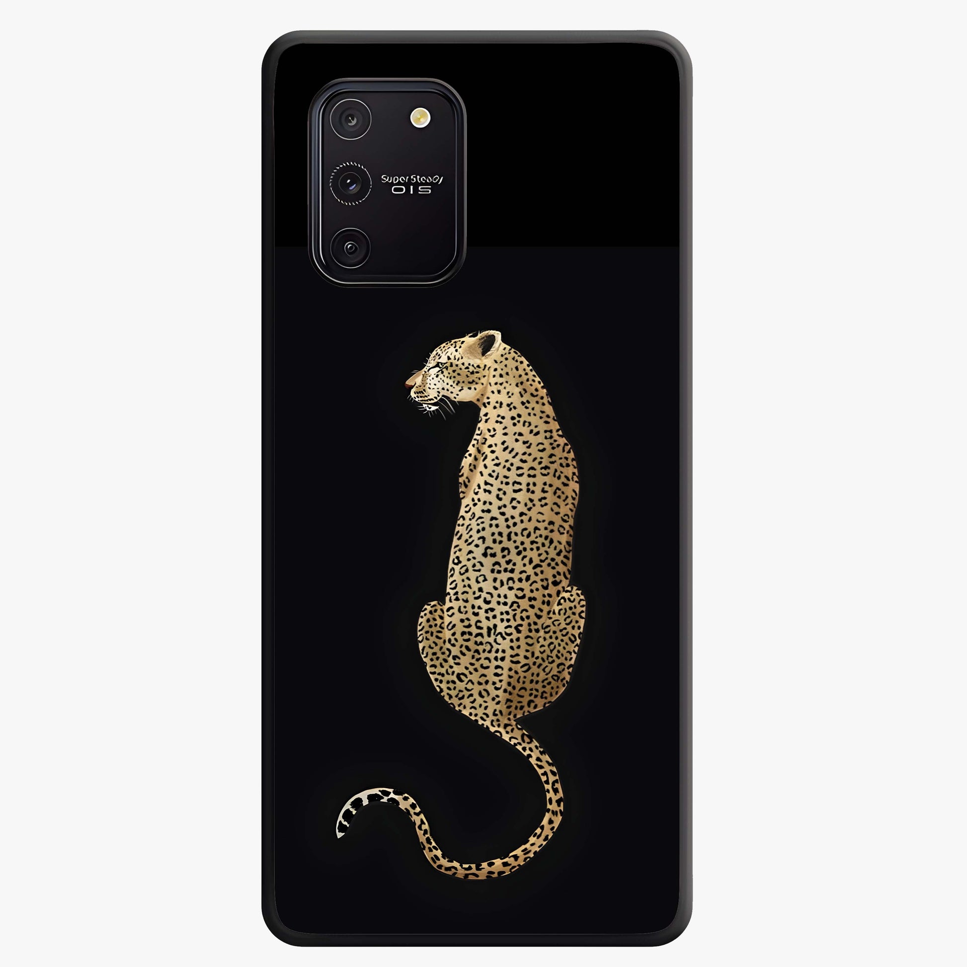 Regal Leopard Glass Case showing flat back view with bold leopard artwork and glossy glass finish.