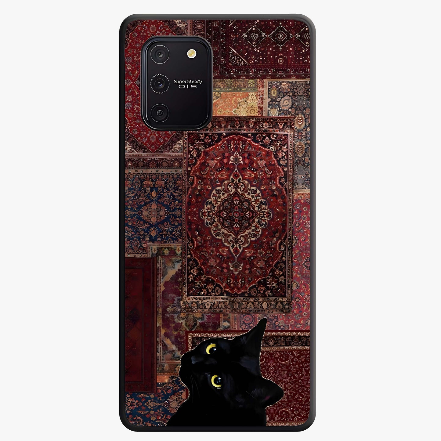 Regal Magic Cat Apple Glass Case showing flat back view with magical cat artwork holding apple and glossy glass finish.
