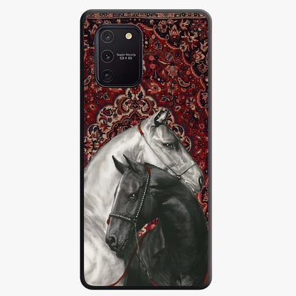 Regal Stallion Tapestry Glass Case showing flat back view with majestic horse tapestry artwork and glossy glass finish.