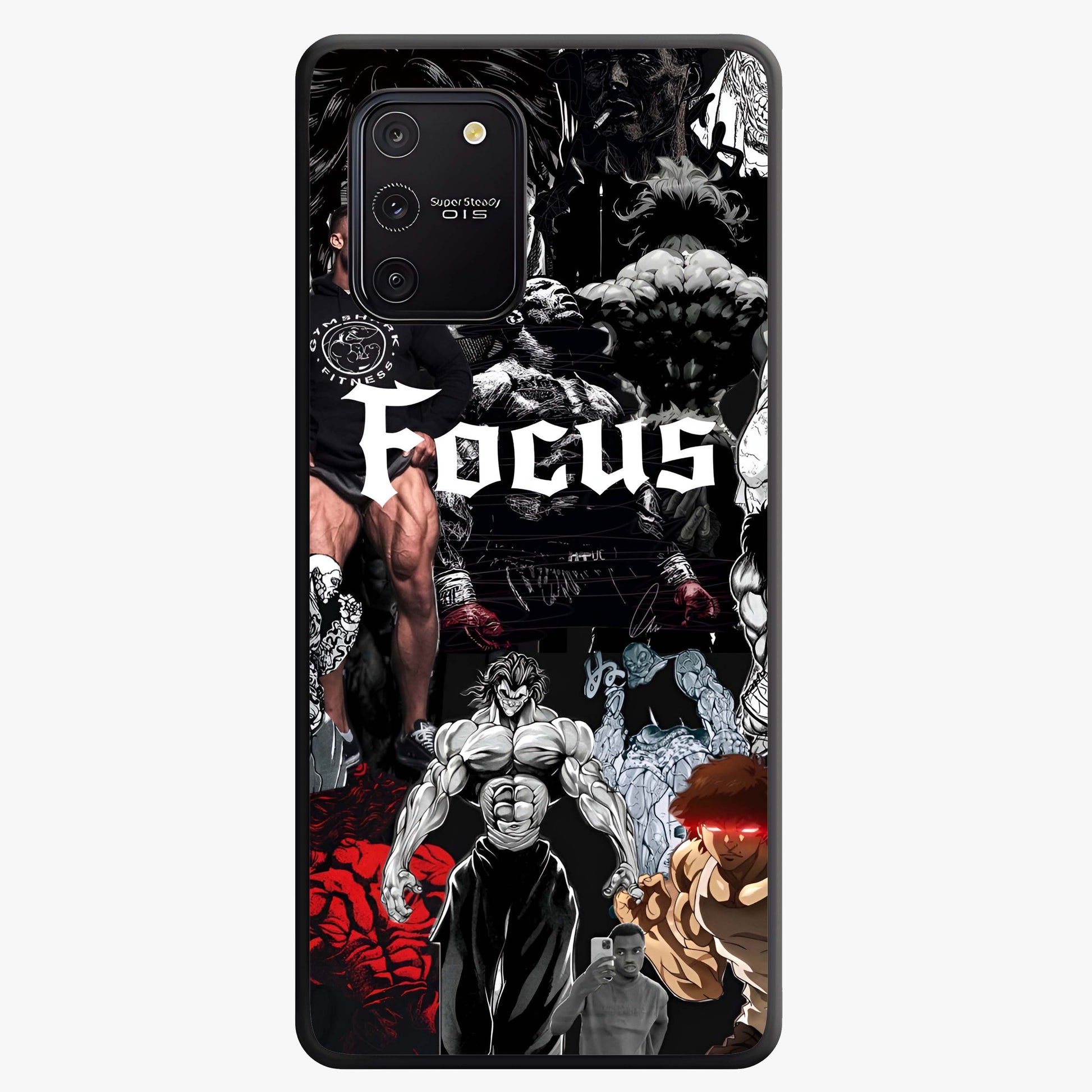 Relentless Power Focus Glass Case showing flat back view with motivational typography artwork and glossy glass finish.