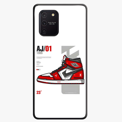 Retro Sneaker Blueprint Glass Case showing flat back view with sneaker blueprint style artwork and glossy glass finish.