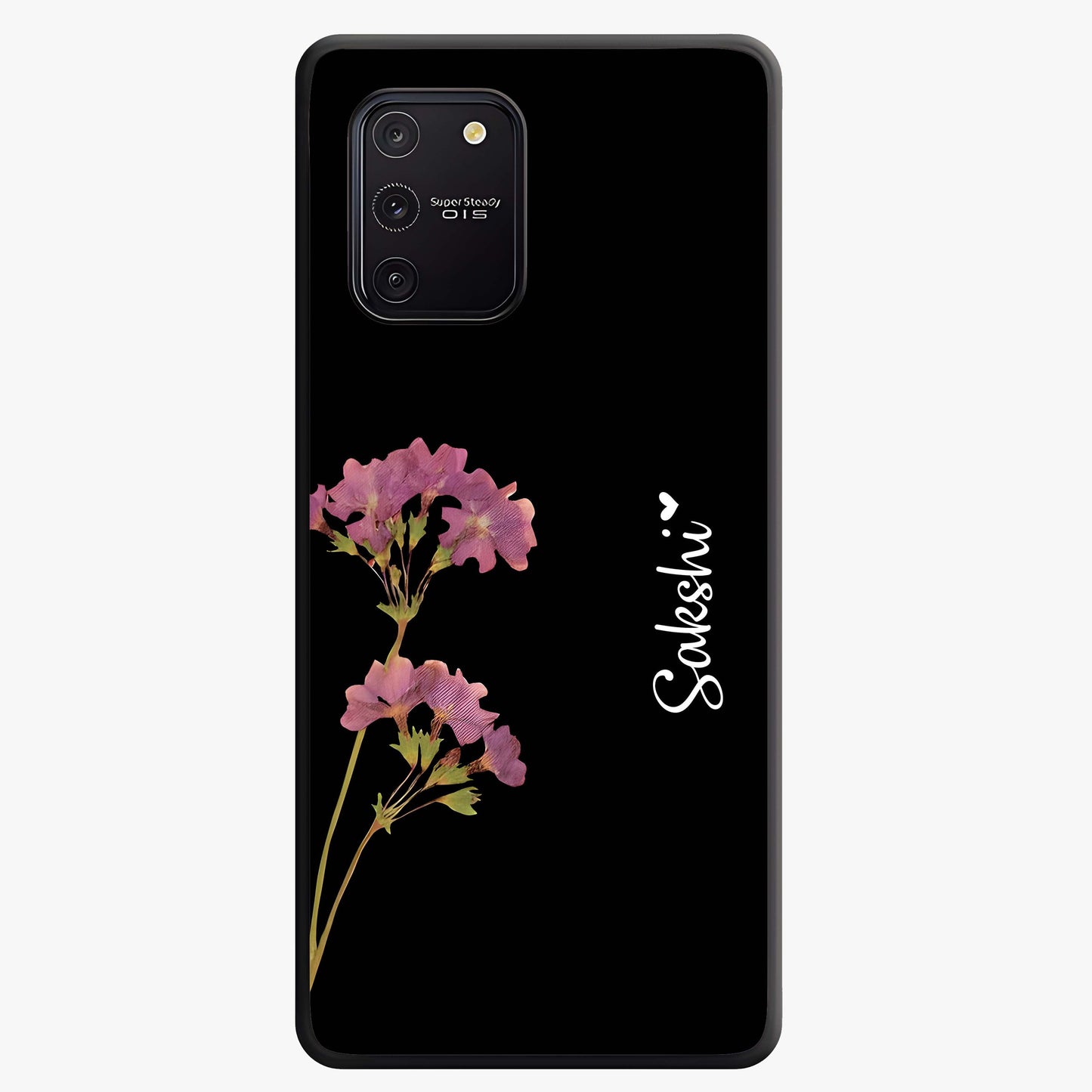Riching Lavender Flower Custom Name Glass Case showing flat back view with lavender floral artwork and personalized name design.