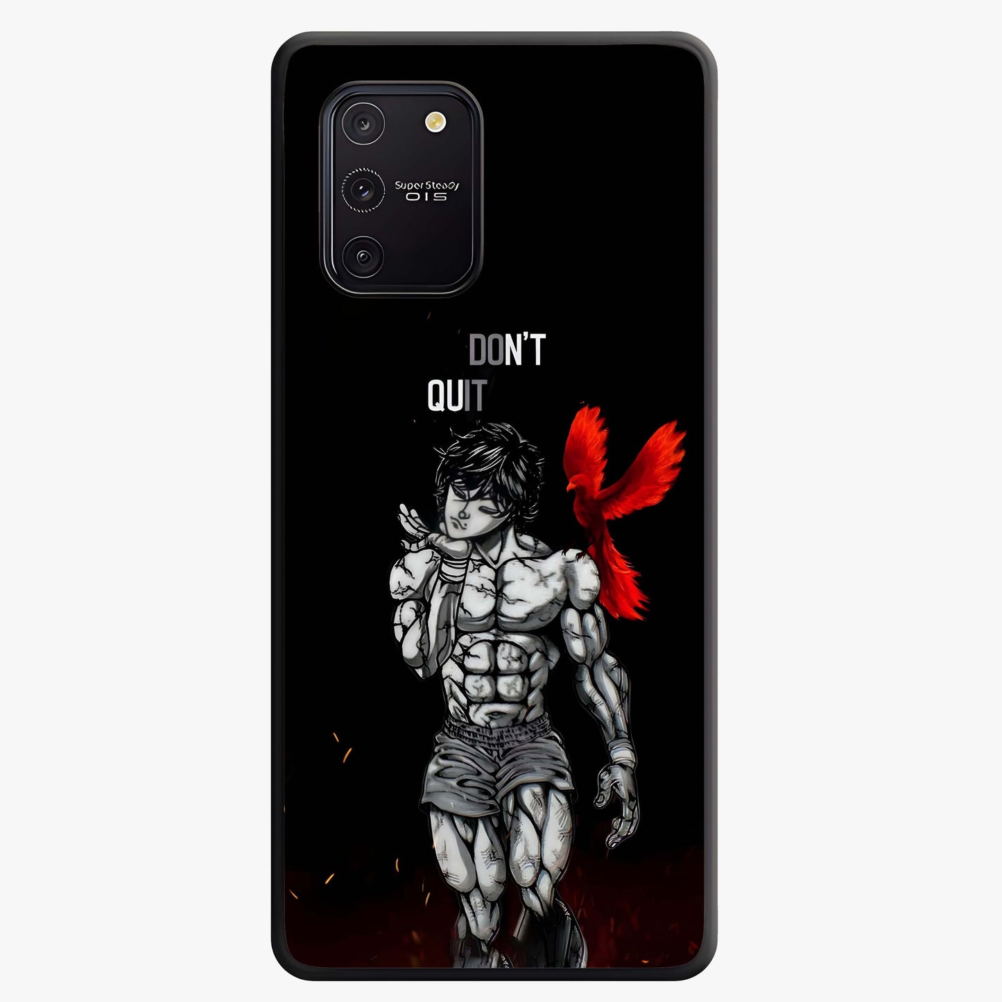 Rise Beyond Limits Glass Case showing flat back view with motivational typography artwork and glossy glass finish.