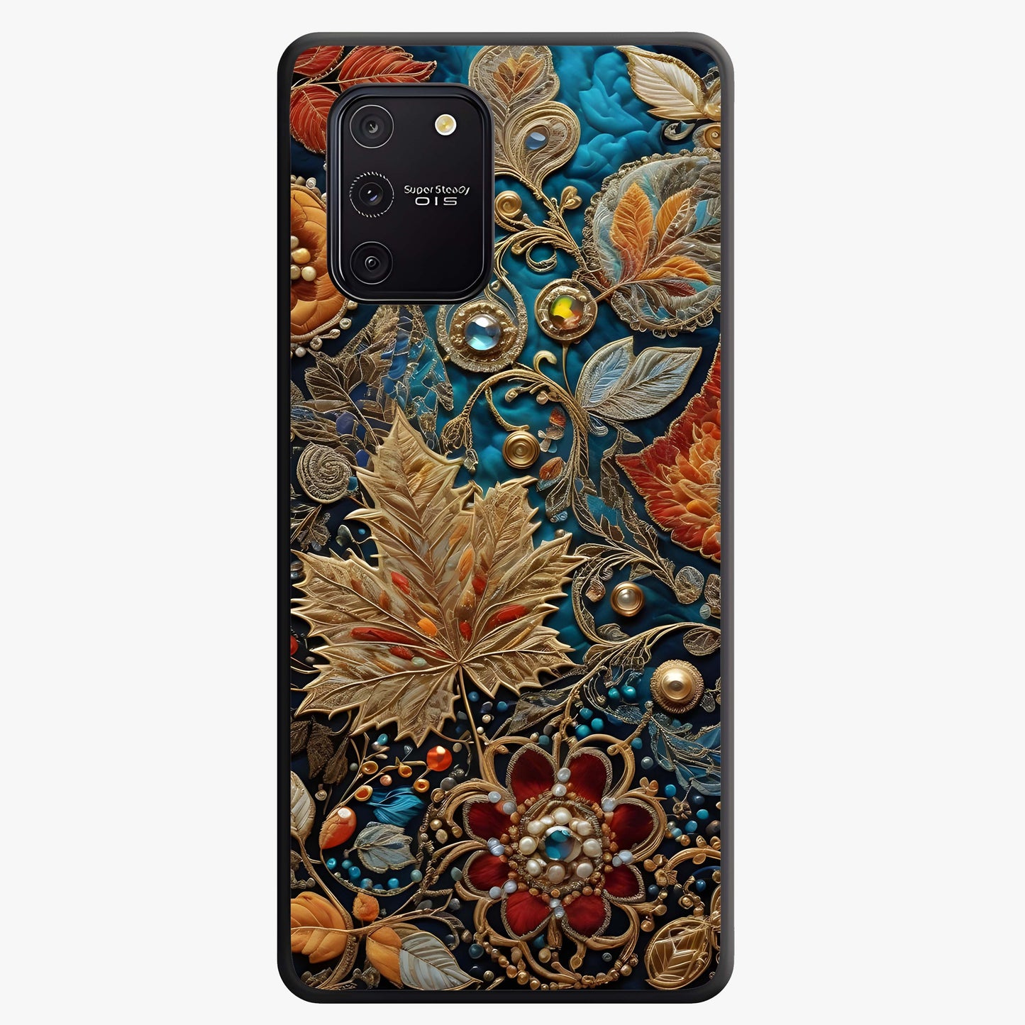 Royal Jewel Garden Glass Case showing flat back view with decorative floral garden artwork and glossy glass finish.
