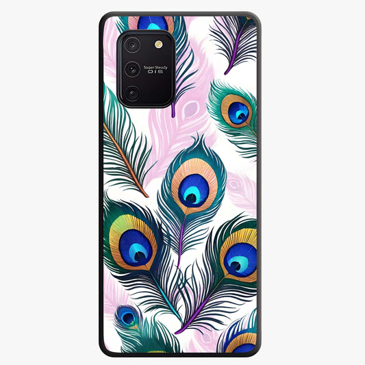 Royal Peacock Feathers Glass Case showing flat back view with colorful peacock feather artwork and glossy glass finish.